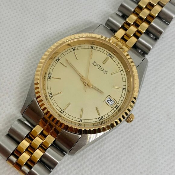 Jostens men classic date watch gold silver tone 36mm  Roman indices running - Picture 2 of 8